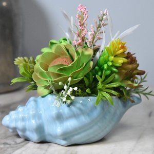 Blue seashell planter fille with sustainable Sola wood airbrushed succulents -